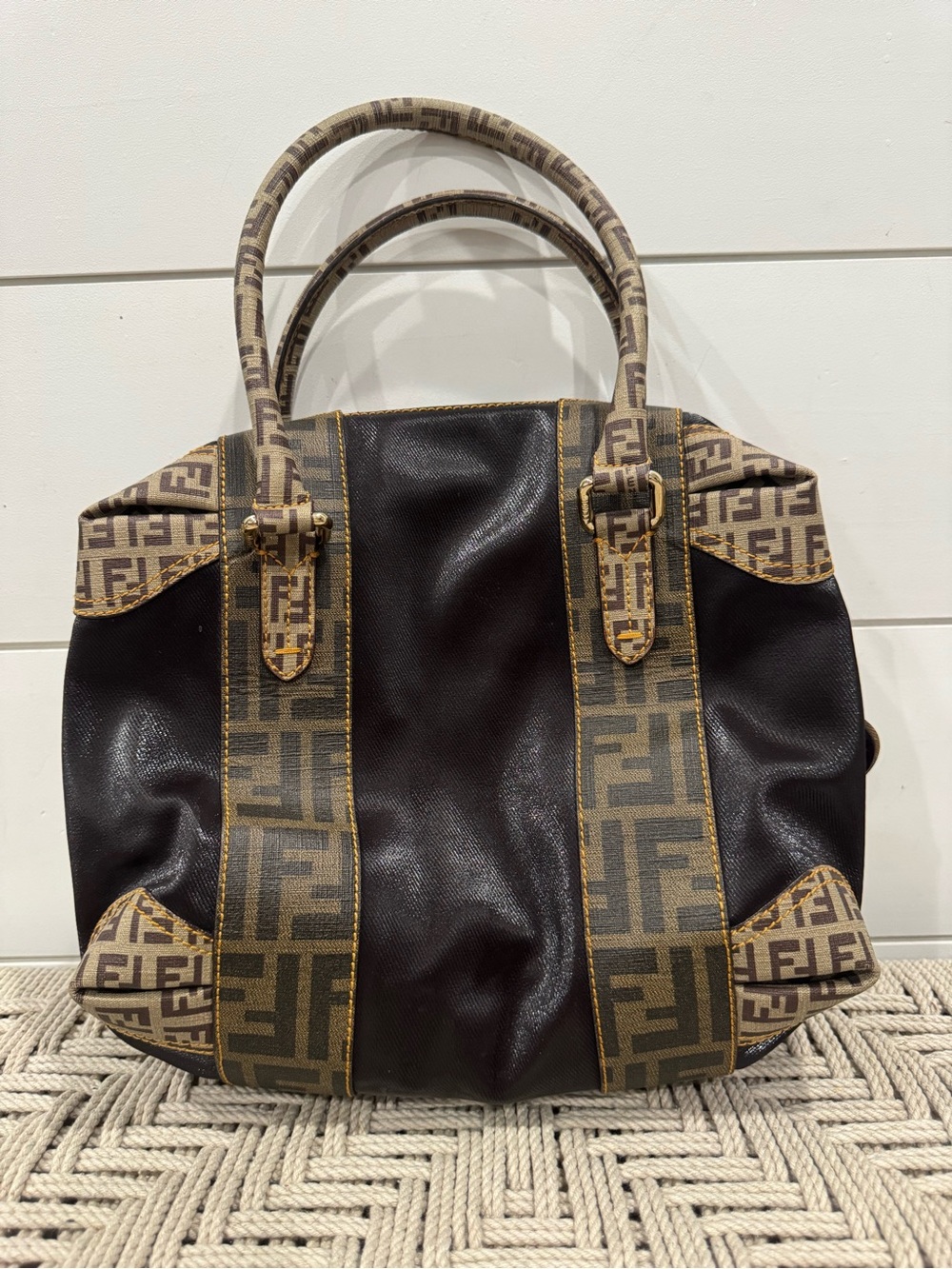 FENDI brown mixed media Zucca canvas leather Boston bag